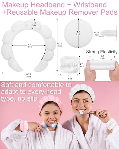 Miniatura 6 de 5 diademas de esponja azul para mujer, para lavado de cara, diadema de maquillaje y muñequera, viene con 2 almohadillas reutilizables para lavar la