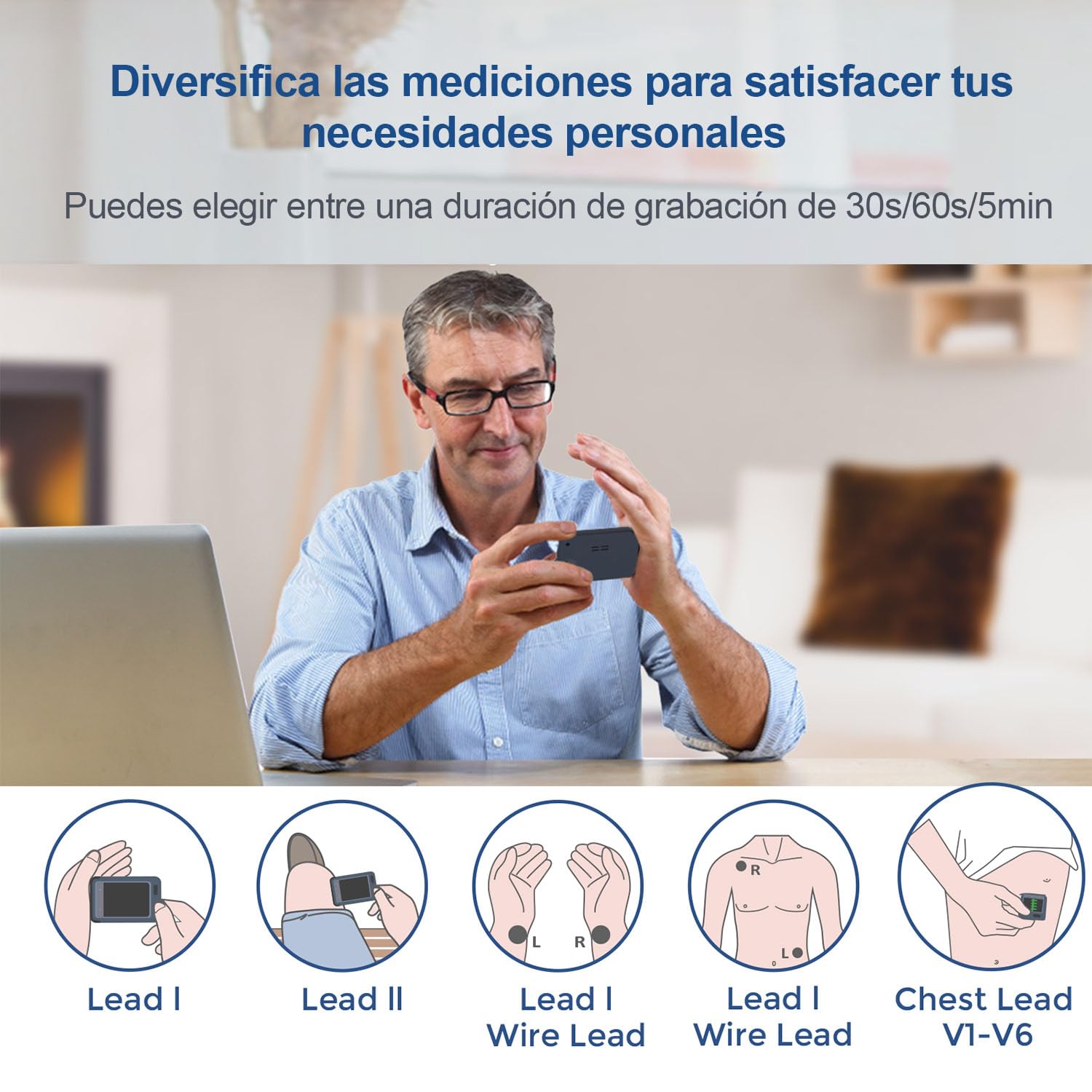 CheckMe Plus Dispositivo Portátil de ECG para Uso Doméstico, Análisis de ECG, 30s 60s 5 min Monitor de ECG Bluetooth con Visualización en Tiempo Real, Memoria Ilimitada (Smartphone y PC)
