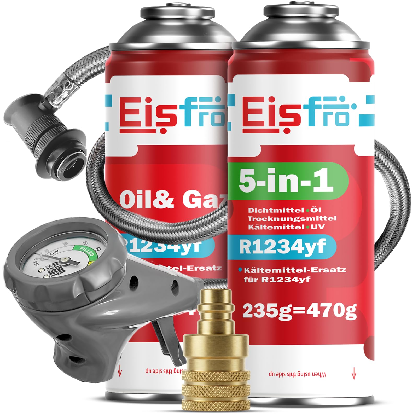 Kit di ricarica climatizzatore R1234yf – Refrigerante 5-in-1 XL + olio, additivo sigillante, colorante UV, agente disidratante + gas di ricarica R1234yf 235 g, tubo flessibile e adattatore YF