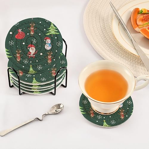 Miniatura 5 de innewgogo Christmas Reindeer Snowflakes 6 Pcs Absorbent Drink Coasters for Tabletop Protection Handmade Round Woven Coaster with Holder & Heat Water