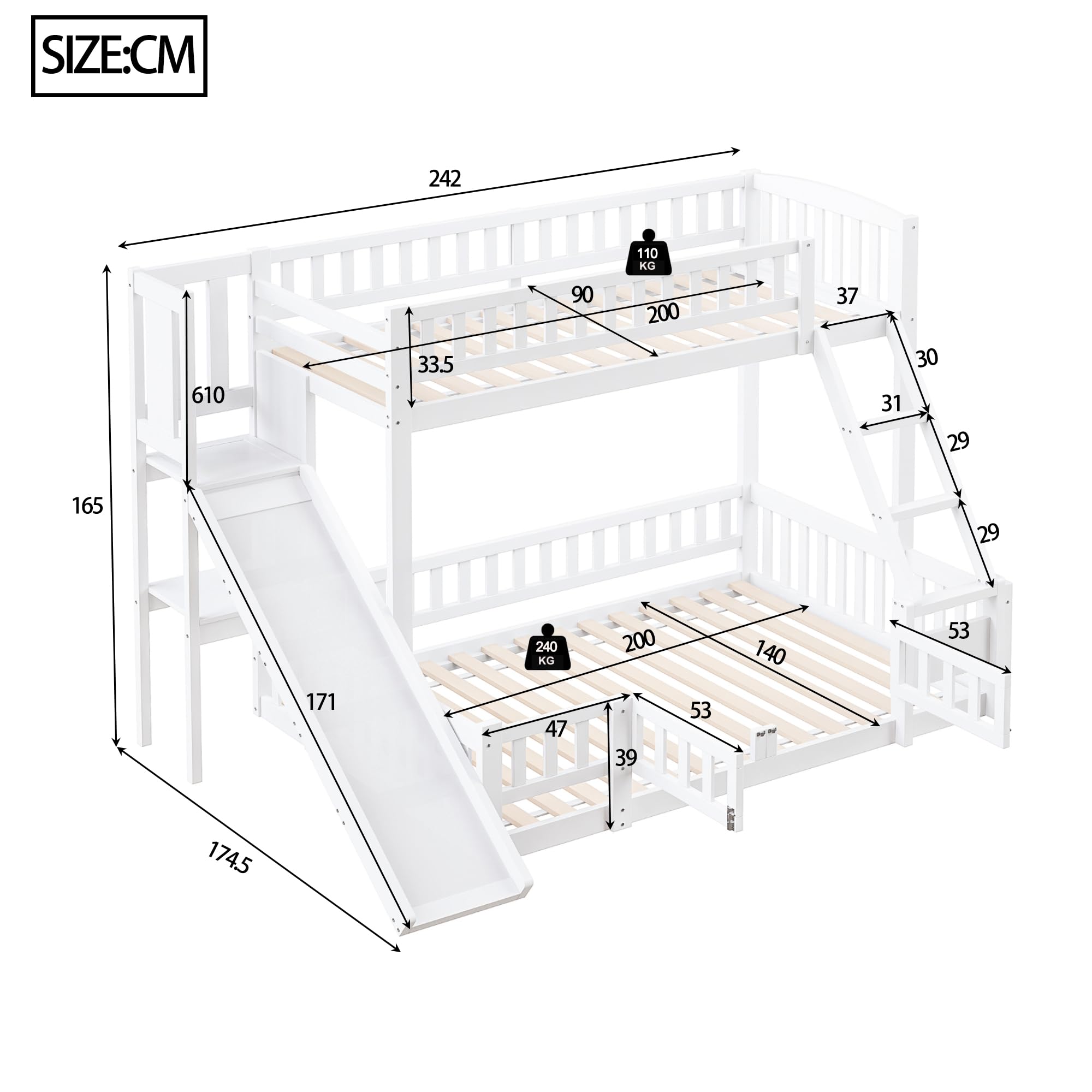 Lubvtti Litera Infantil 90/140 x 200 cm con tobogán,Cama Infantil con estantes y guías de Seguridad,Estructura Cama para niños 90/140x200 con somier de láminas,sin colchón,Blanco