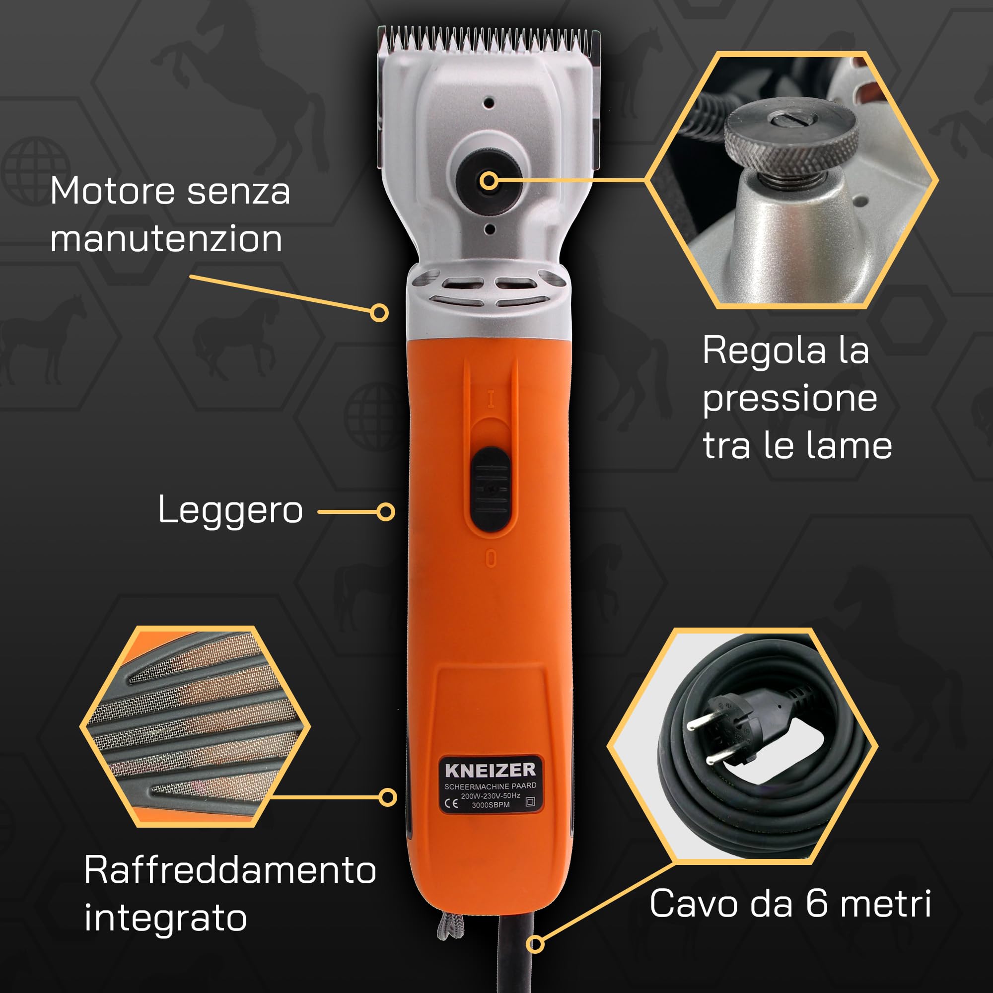 Tosatrice per Cavalli K-PRO 400 - Con Lame Intercambiabili - Silenziosa e a Bassa Vibrazione - Serenità per il Cavallo - Adatta a Tutti i Tipi di Pelo e Parti del Corpo - Senza Manutenzione