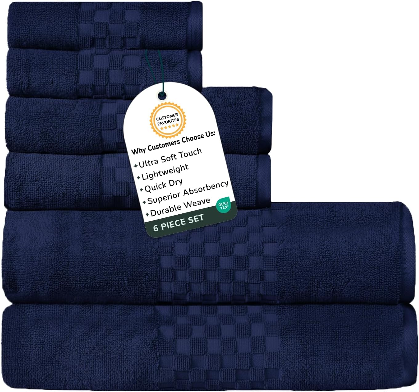 Feather & Stitch 100% Cotton 625 GSM Bath Towel Set of 6, Ultra Soft Highly Absorbent 2 Bath Towels, 2 Hand Towels & 2 Washcloth - Luxury Quick Dry Shower Towels (Navy Blue)