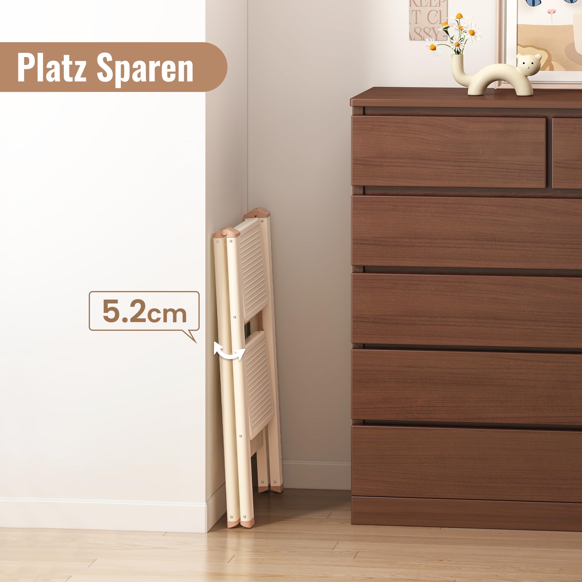 Trittleiter 2 Stufen klappbar, 2 Stufen Leiter für Erwachsene, Faltbare Trittleiter mit sicherem Stand, verbreitertem Pedal, ästhetisch ansprechendes Aussehen, Wohnräume