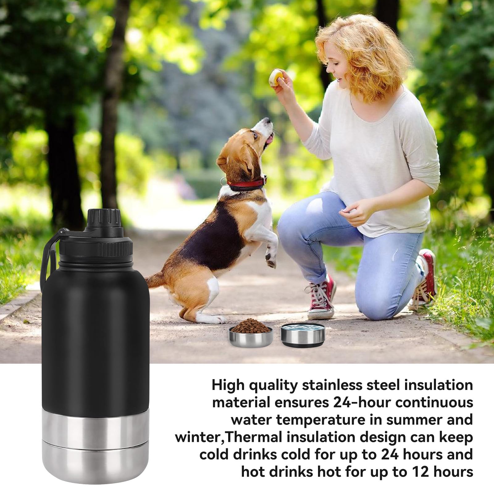 Trinkflasche Hunde für Unterwegs 950ml – Isolierte Edelstahl Hundetrinkflasche Wasserflasche mit Futternapf & Wassernapf, Tragbare Hundeflasche BPA-frei für Reise Spaziergang & Outdoor (Schwarz, L)