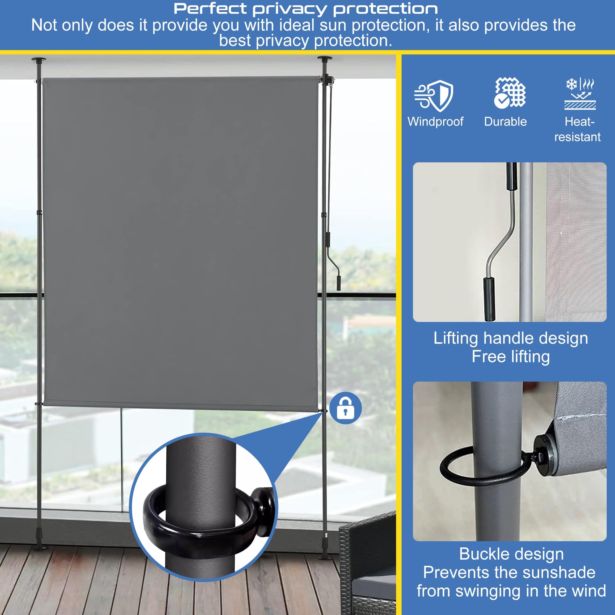 Tenda da sole manuale retrattile per patio, impermeabile, resistente ai raggi UV, altezza regolabile, facile funzionamento a manovella, senza fori, perfetta per spazi esterni