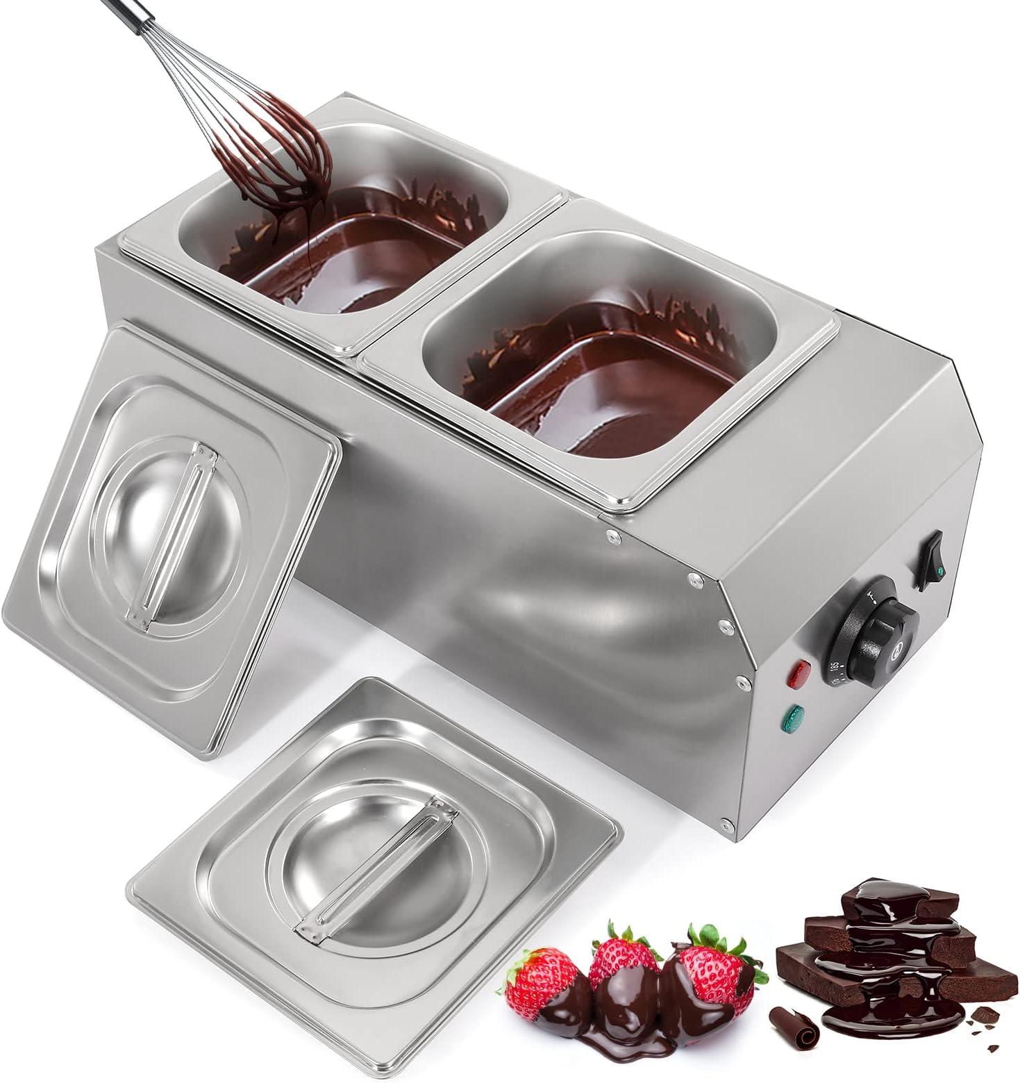 2-Tanks Chocolate Melting Machine Upgraded Chocolate Tempering Pot 600W Electric Chocolate Melter Fondue with Temperature Control Commercial Warmer for Chocolate Milk Coffee Cheese Soup