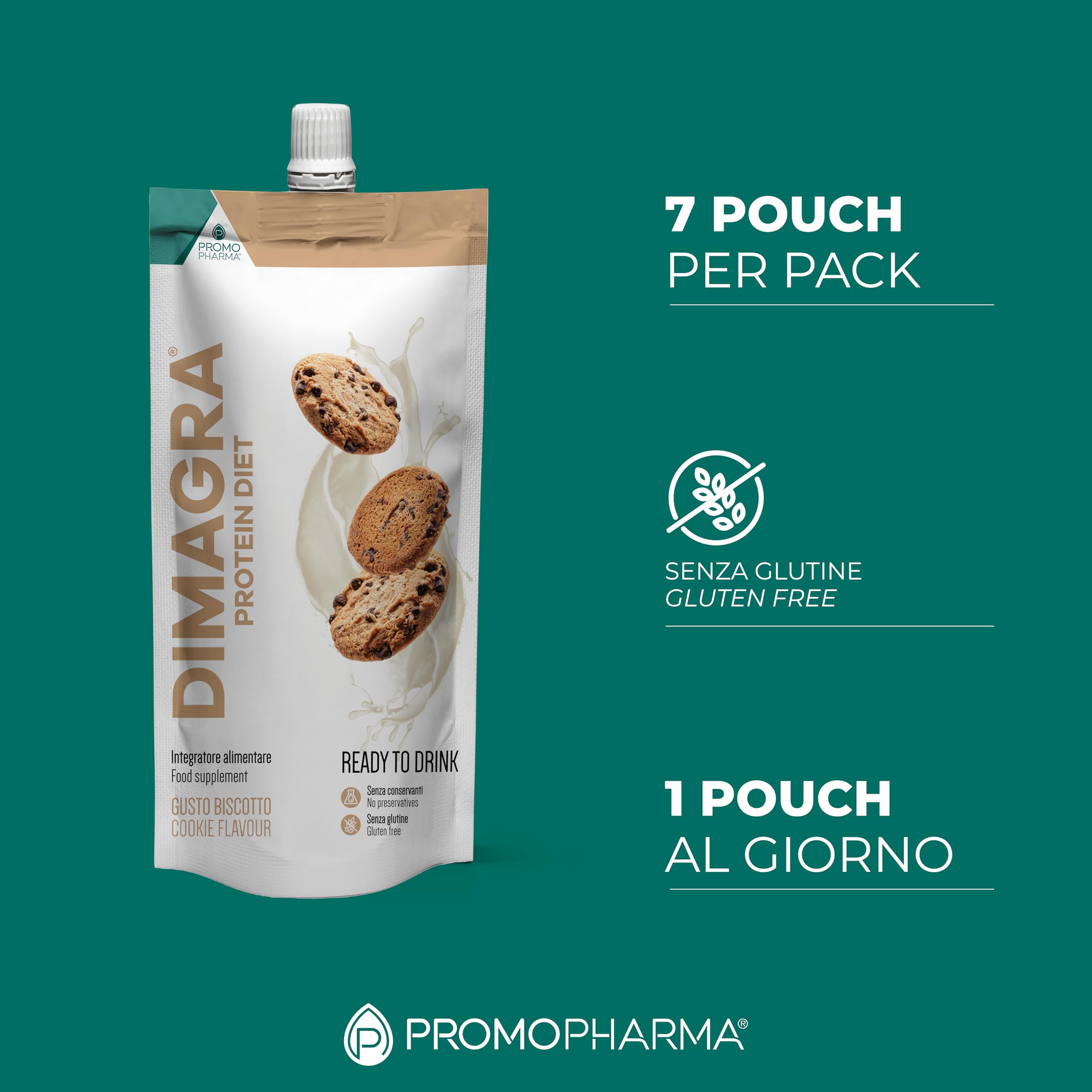 Dimagra Protein Diet - Integratore Proteico Pronto da Bere per Dieta Chetogenica e Controllo del Peso - Low Carb, Alto Contenuto Proteico - Gusto Biscotto - 7 Pouch da 220 g