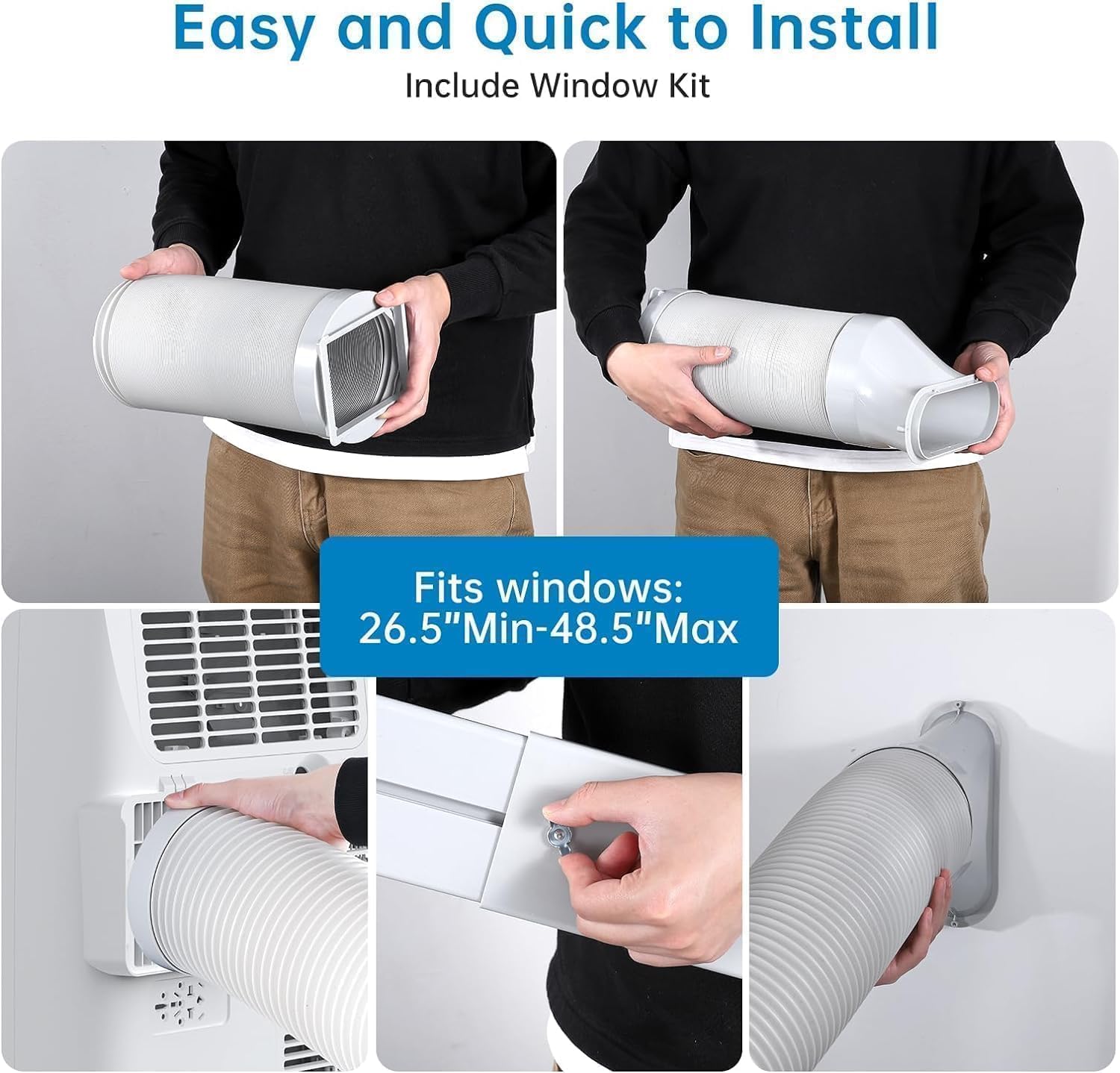 Images showing how to install the exhaust hose and window kit for the Acekool Portable Air Conditioner