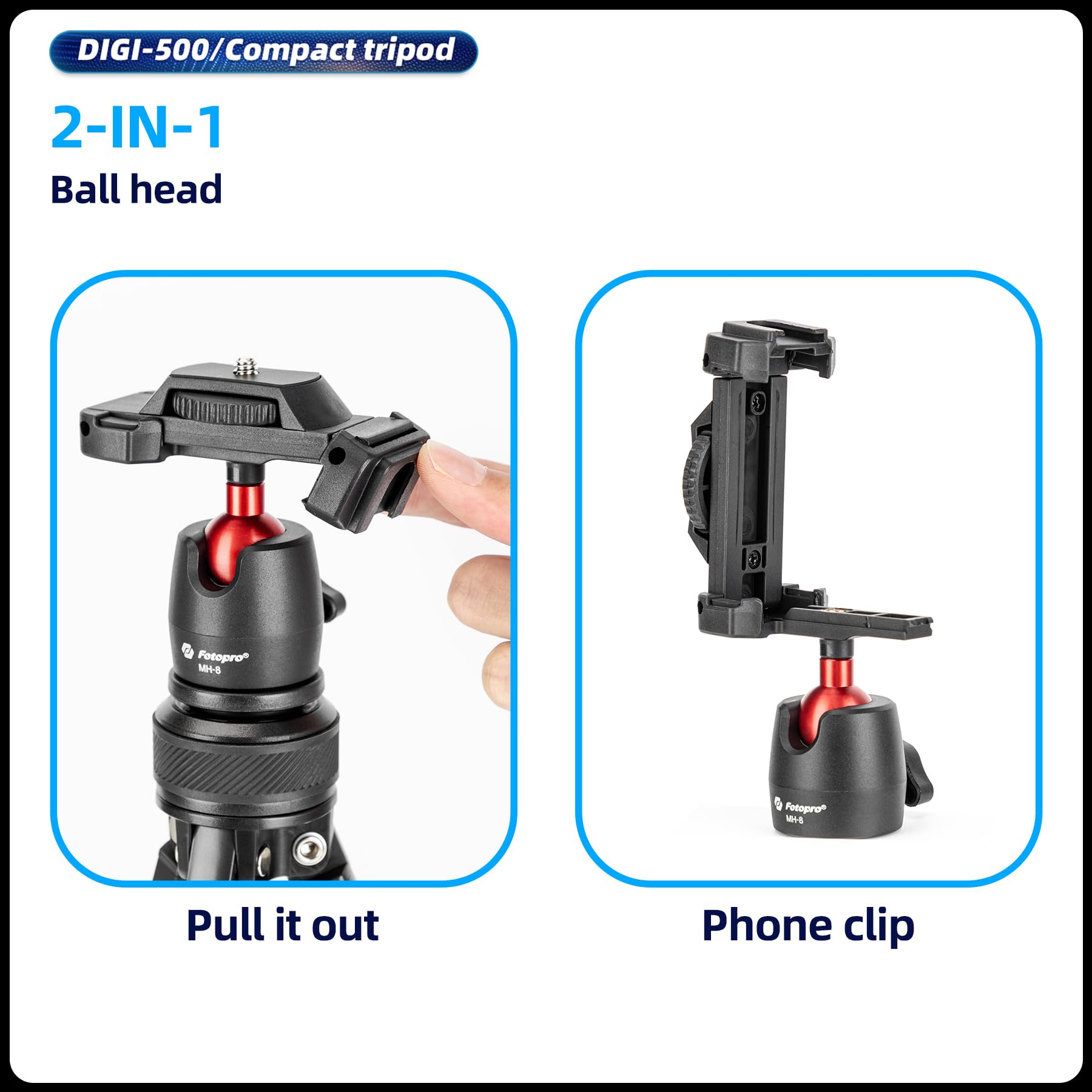 Fotopro Treppiede per fotocamera da 162,6 cm con clip per telefono 2 in 1, testa video fluida nascosta, 0,7 kg, leggero, portatile, da viaggio, per fotocamera e telefono, carico massimo 3 kg