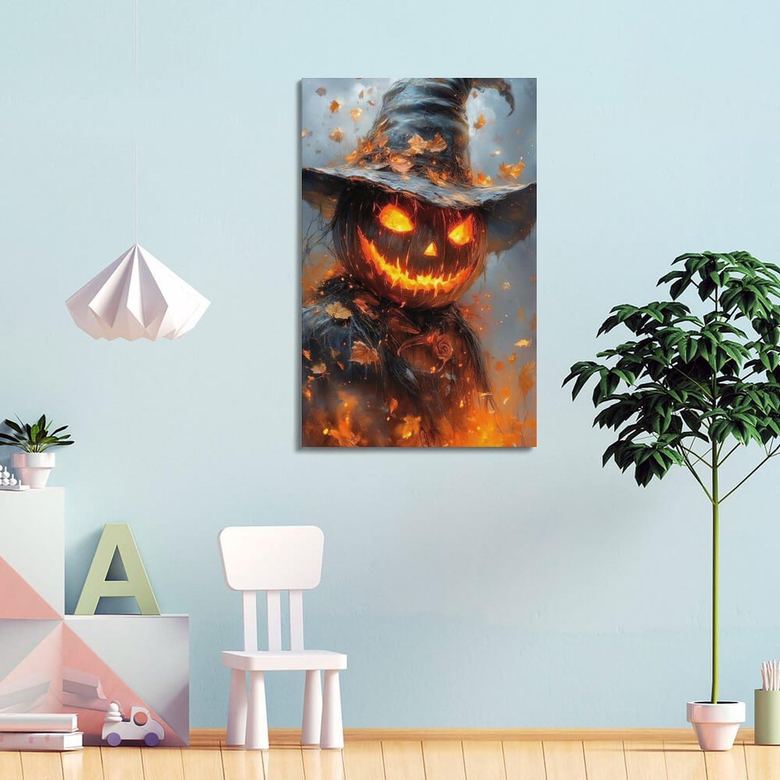 Poster su tela con stampa moderna per la casa, poster di Halloween con zucca e fiamma, immagine del mago con scritta "Is Cool And Has Festival Sense" (50 x 75 cm) con cornice