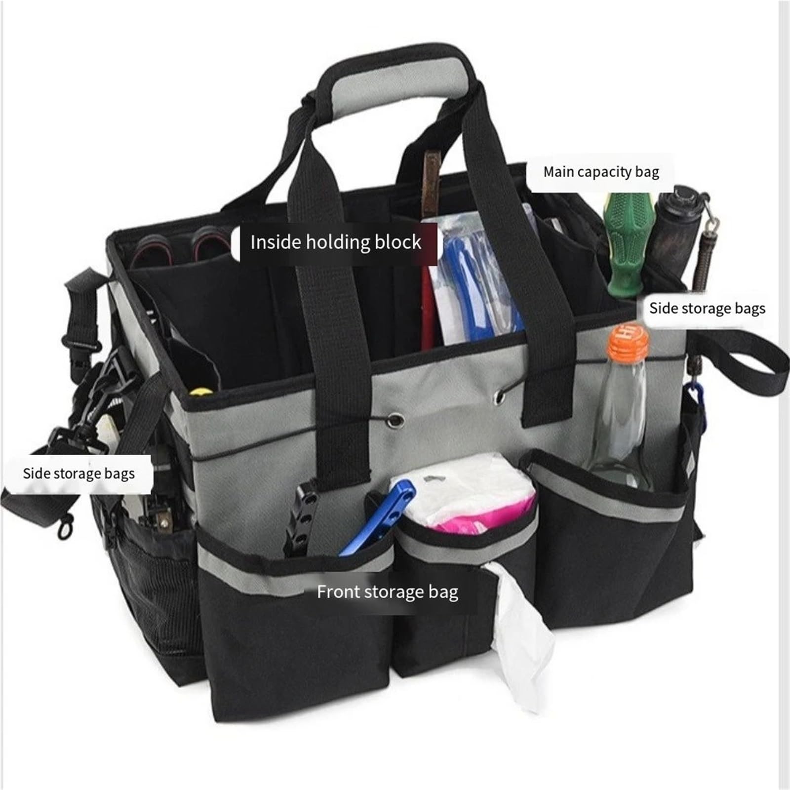 Reinigungs-Caddy-Tasche Verstellbare Schultergurte Aufbewahrungstasche for Reinigungswerkzeuge Oxford-Stoff mit Mehreren Taschen Werkzeugtasche for Elektriker Große Kapazität Weite Öffnung(Black)