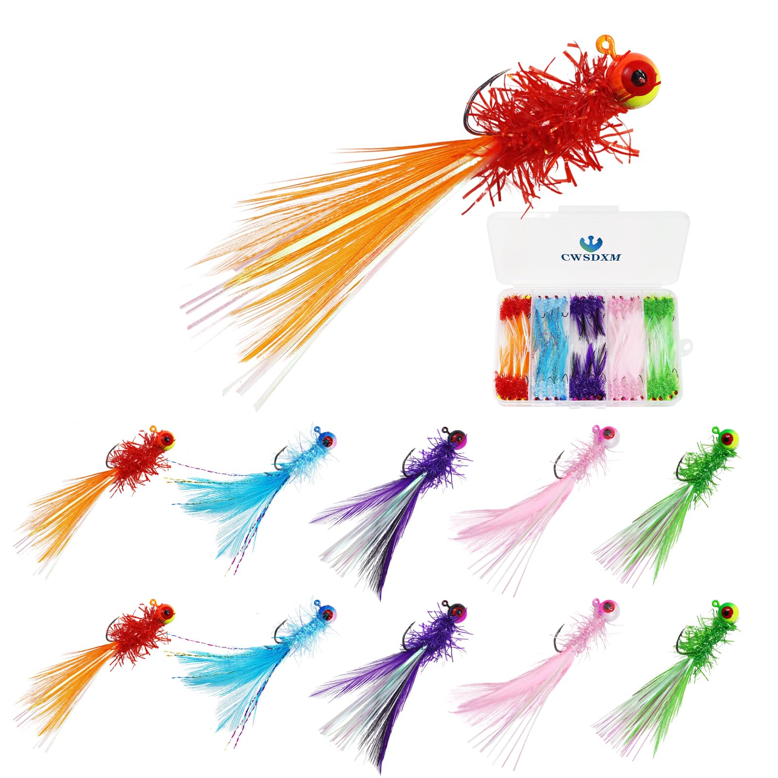 40pcs Crappie Jigs, Marabou Feather Hair Jigs, Heads with Feather Hand-Tied Fishing Hair Jigs for Panfish Sunfish Walleye 1/28oz,1/14oz