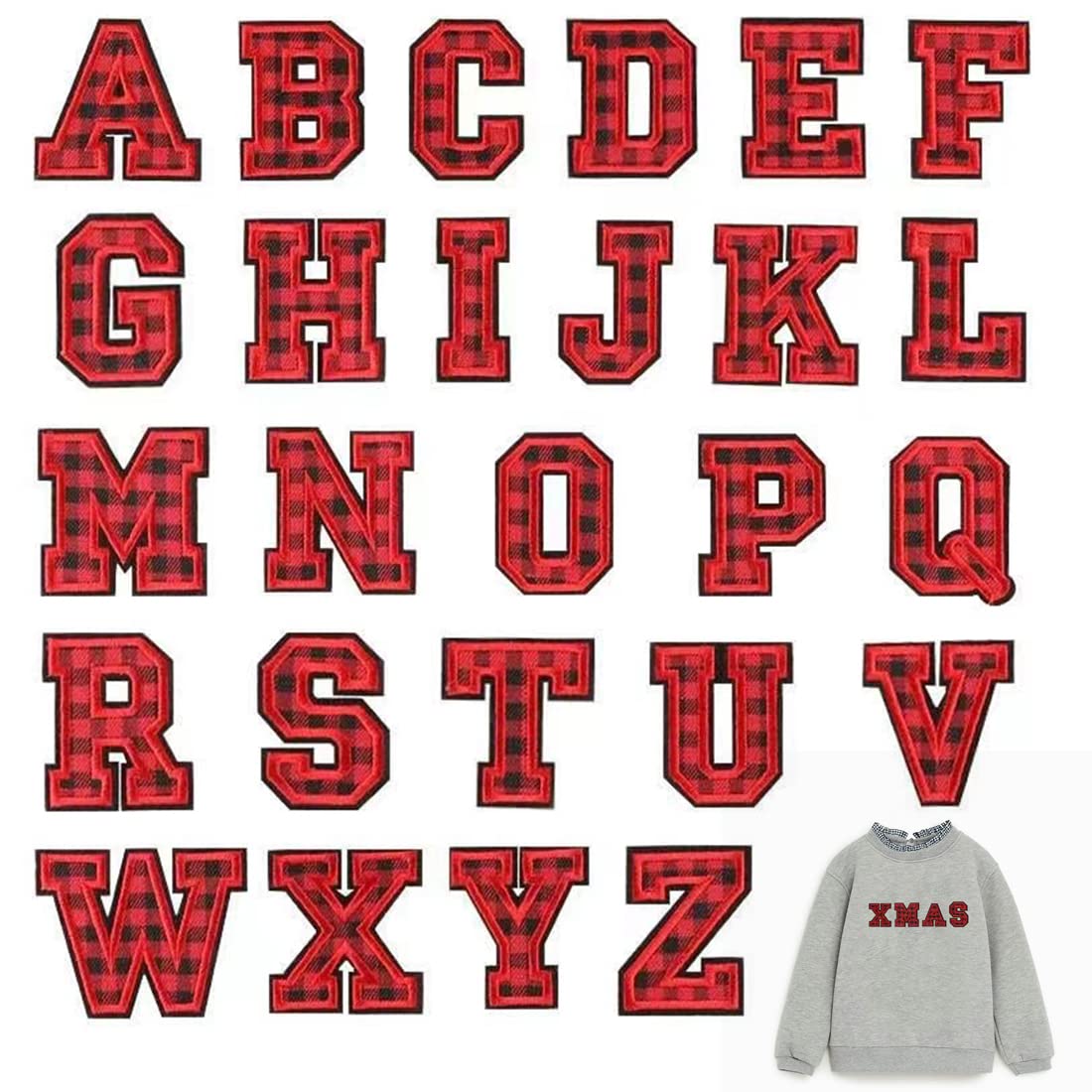 Letter Iron Patches Christmas Crafts Supplies A-Z Alphabet Applique Red Black Buffalo Plaid Design Xmas Embroidered Sew on Decals for DIY Hats Shirts