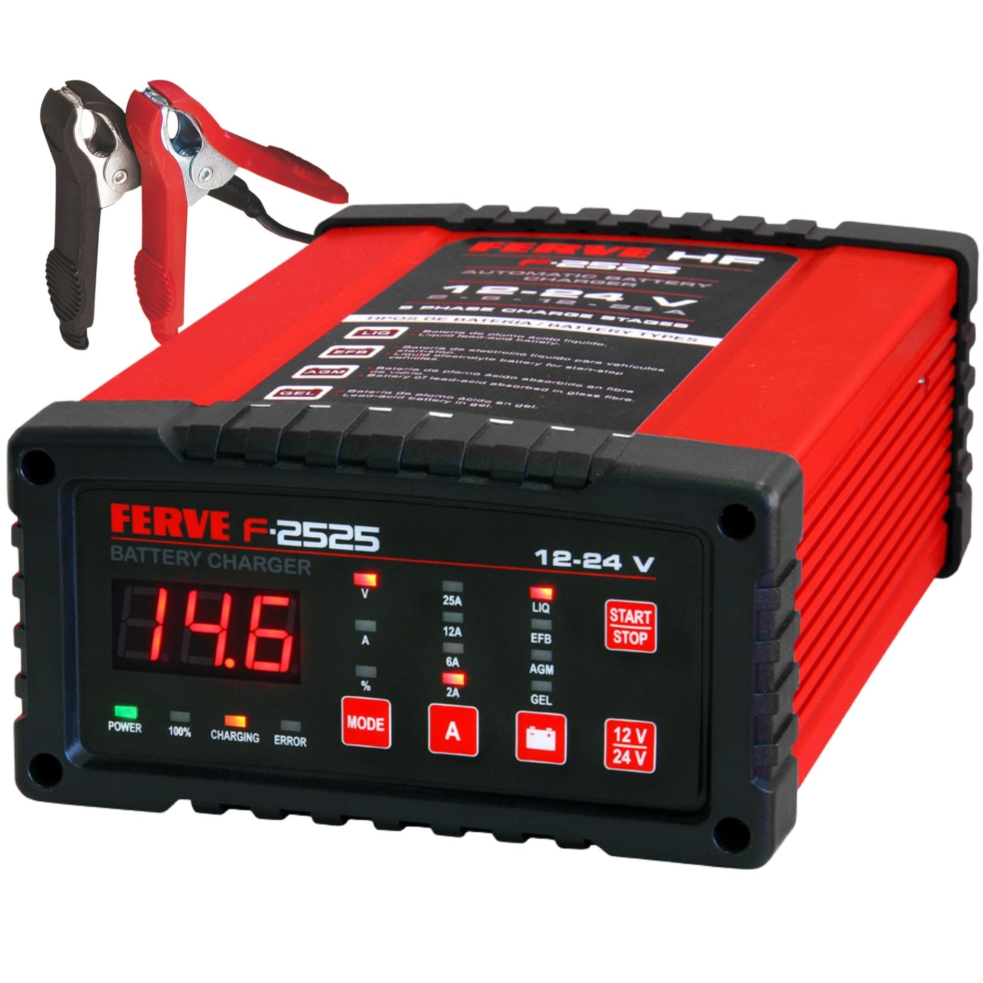 Ferve F-2525 Cargador de Baterías Automático - Mantenedor Inteligente 2-25A 12V/24V – Función Test y Alternador – Tecnología RF – Pantalla LED con Voltímetro y Amperímetro – para Baterías Plomo-Ácido