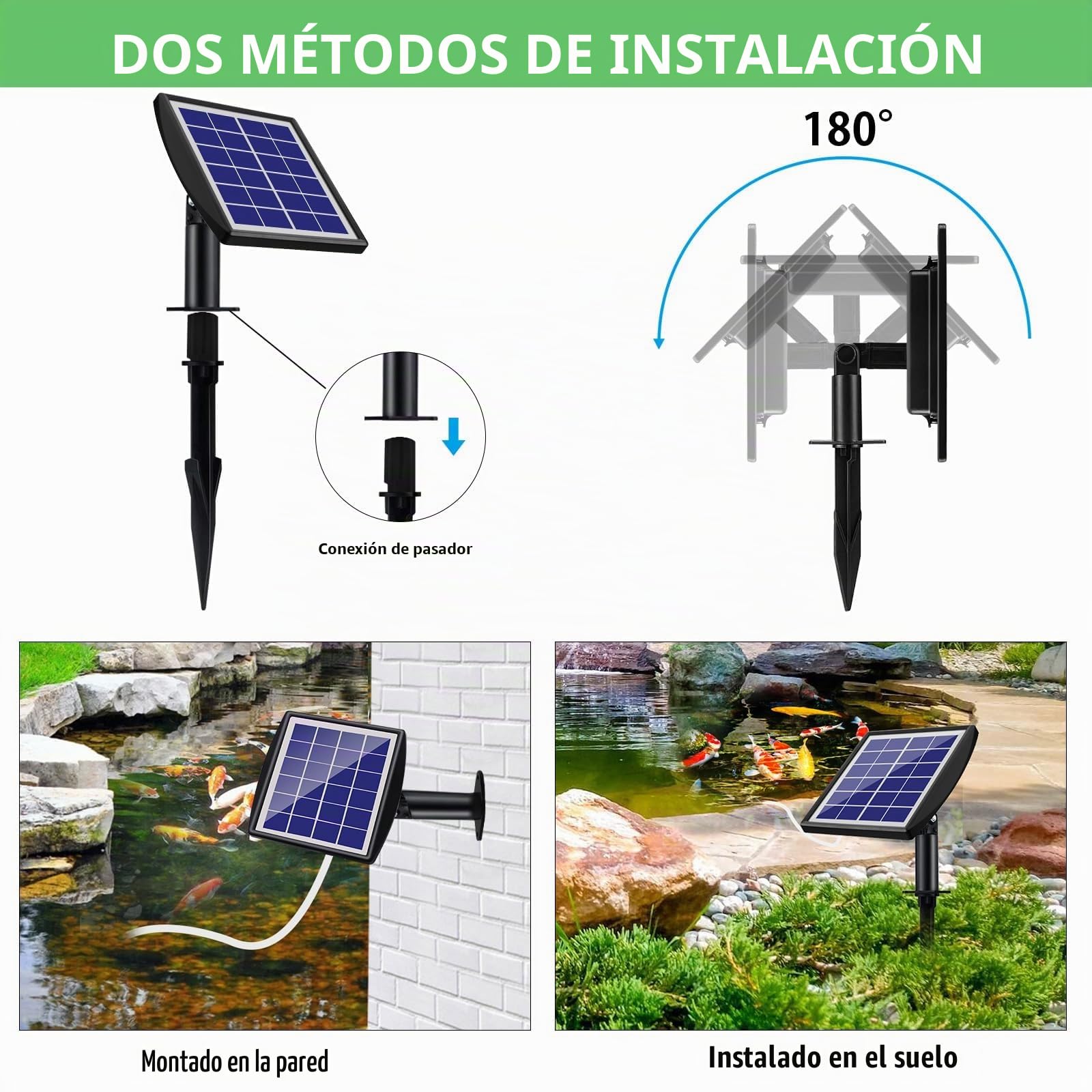 Bomba solar Sauerstoffpumpe, aireador solar de 2 W para estanque con batería de respaldo de 2200 mAh, bomba de aire hidropónica, adecuada para pesca al aire libre, estanques, acuarios