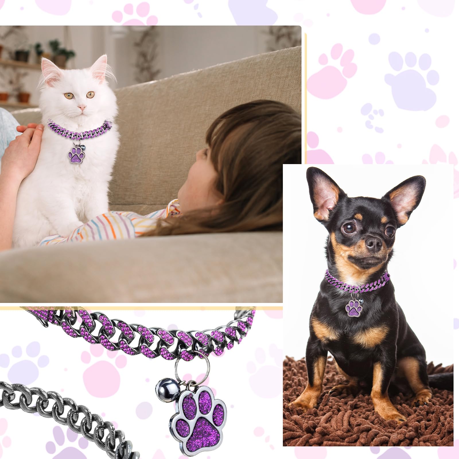 Hillban Collar de gato con cadena de diamantes con purpurina, collar de metal con hebilla segura, collar para mascotas con dije de pata, accesorios de joyería con etiqueta de identificación para gatos