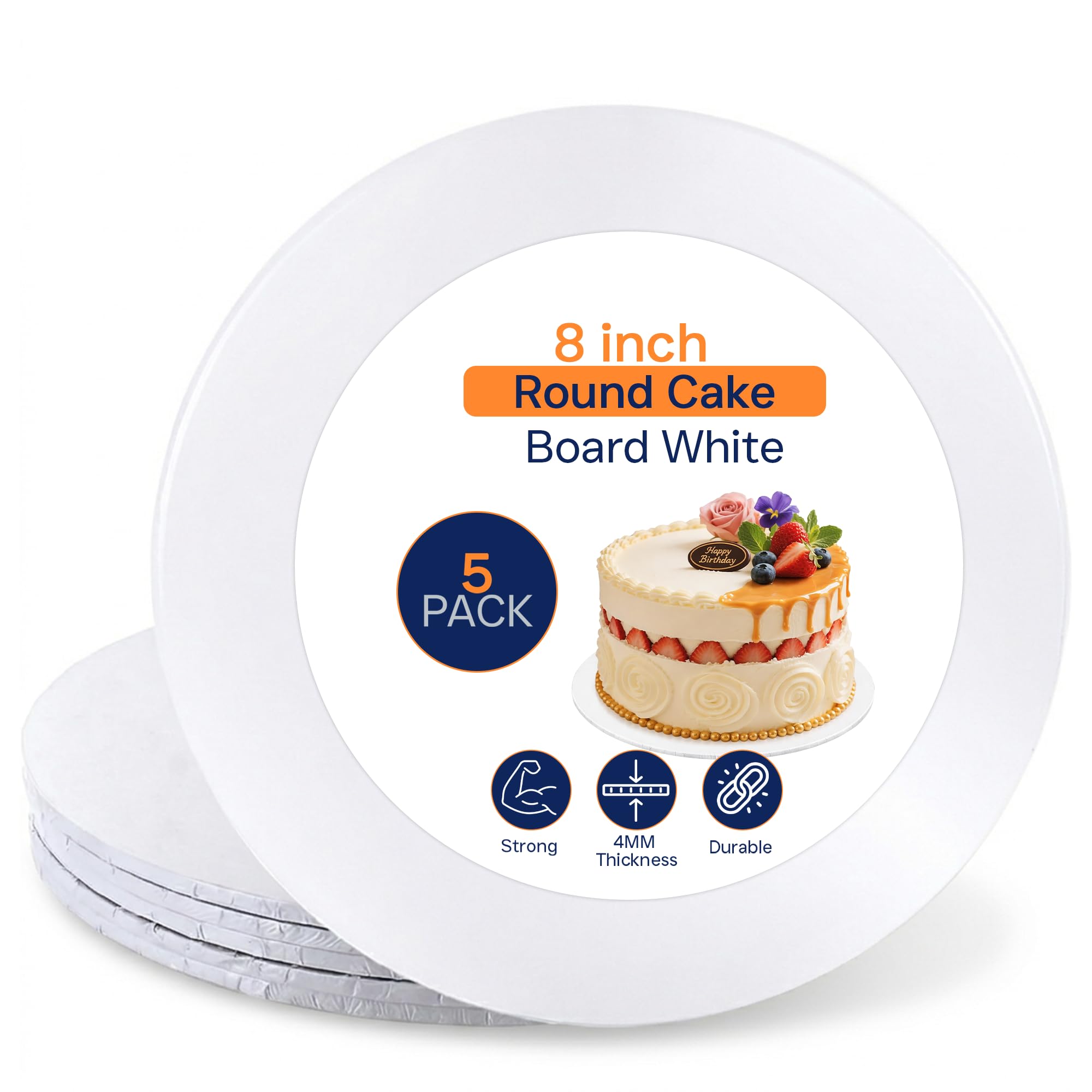 SAMZ Packaging 8"White Glossy Masonite Cake Board, Pack of 5 Strong Round Cake Board, Cake Drum, 4mm Thick — image 1