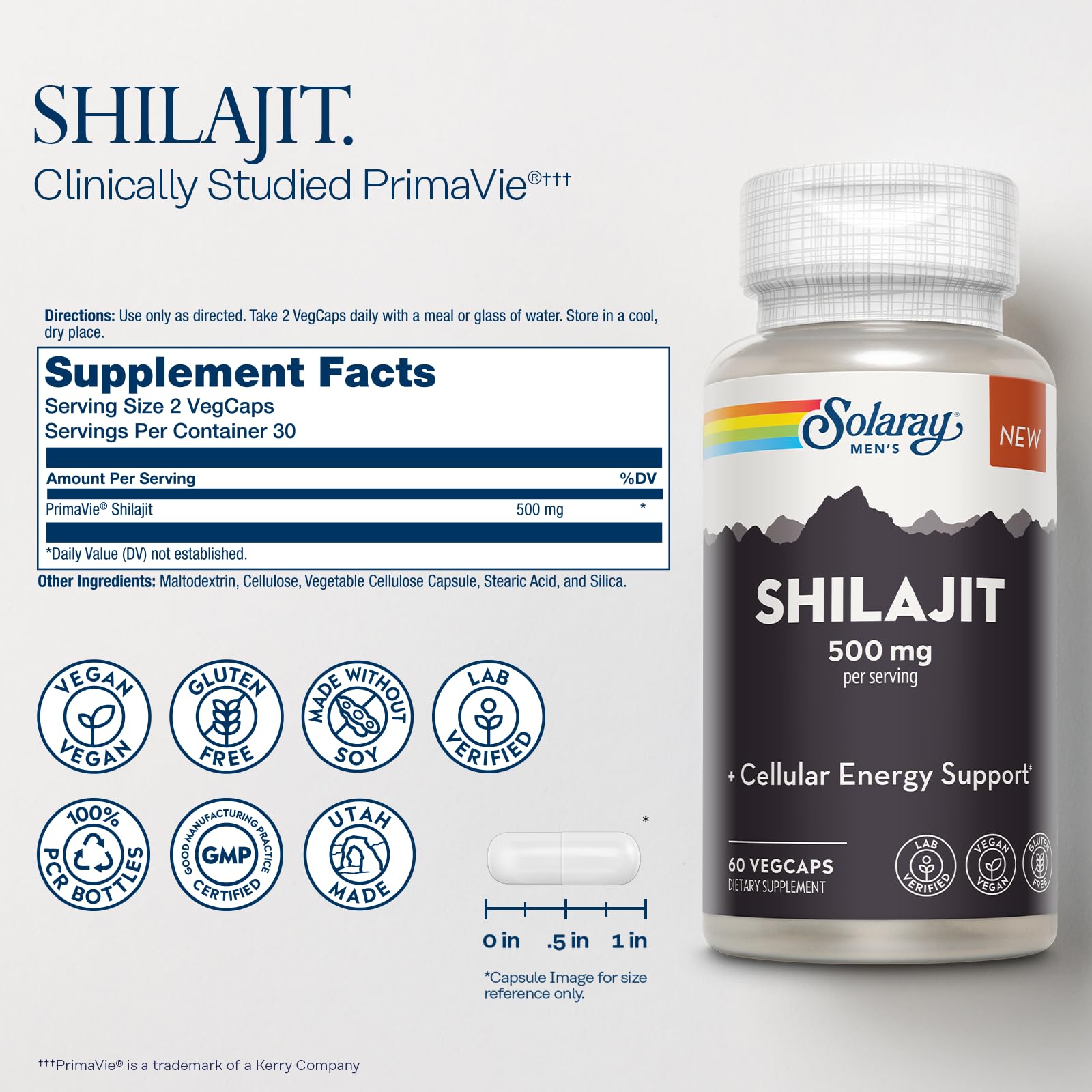 SOLARAY Shilajit 500 mg, PrimaVie (R) Shilajit del Himalaya para hombres, apoyo de energía celular adaptógena, suplemento de salud para hombres, vegano, sin gluten, garantía de 60 días - 30 porciones