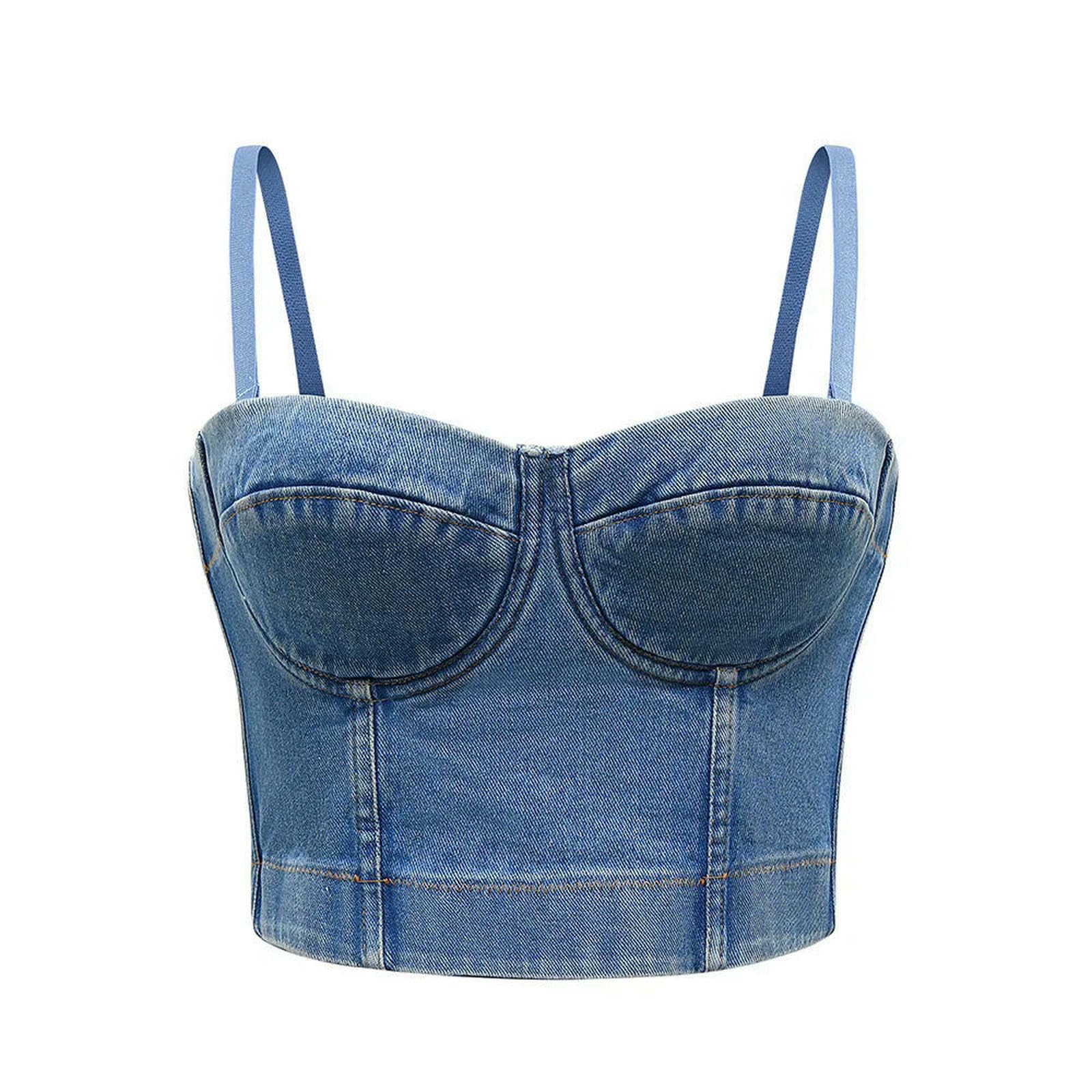 Ceinture Bling Femme Crop Top Top Letnie Damskie Sukienki Wycięte Koszule Seksowne Push Up Denim Biustonosz Bez Pleców Odzież Klub Impreza-db999-s