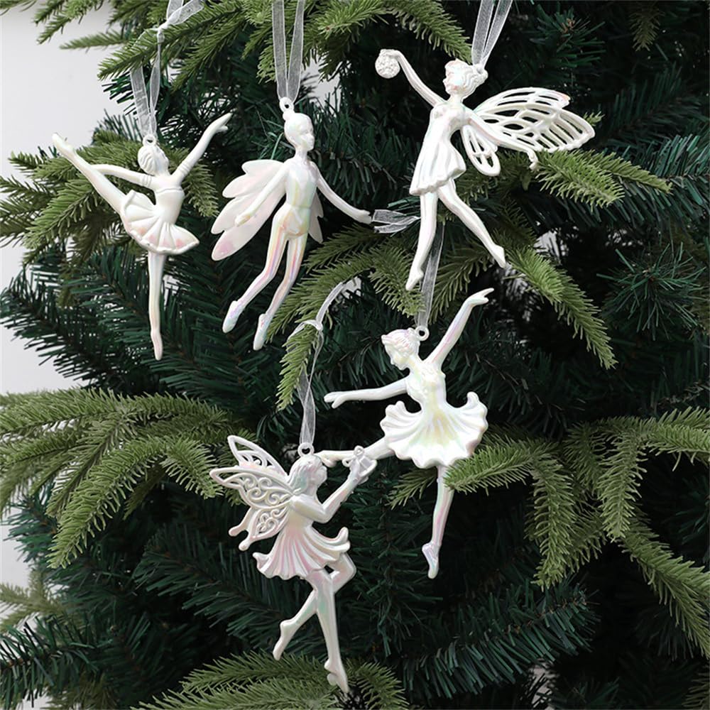 Nuziku Pearl White 5 Pieces Ballerina Christmas Tree Decorations,Elegant Christmas Tree Decorations With Ballet Dancer,Beautiful Christmas Hanging Ornament Glitter Xmas Decorations For Tree