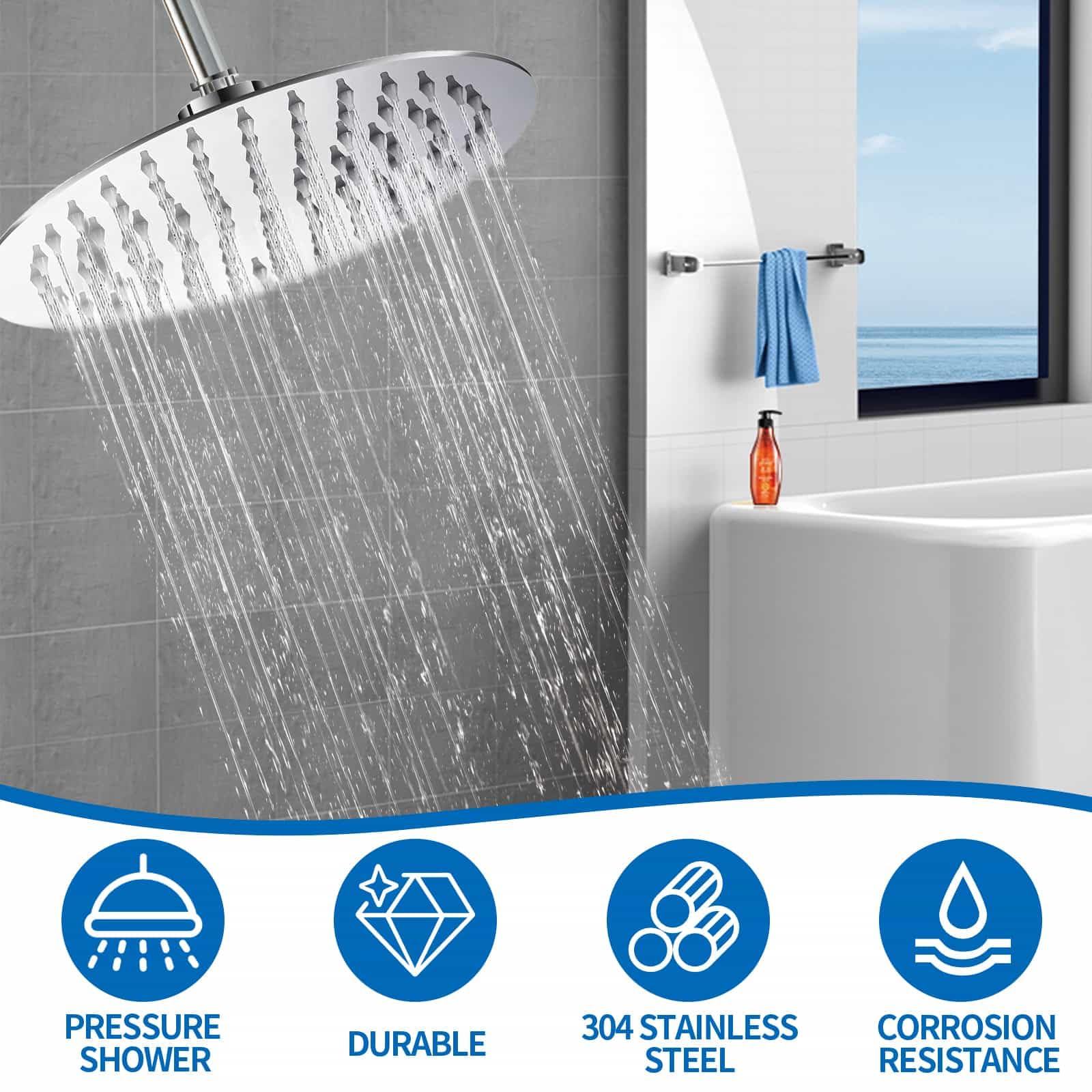 Rain Shower Head 304 Stainless Steel Replacement Rainfall Shower Heads 10'' High Pressure Rainfall Showerhead with Angle Adjustment Silicone Jets for The Ultimate Shower Experience Silvery (Round) - Image 3