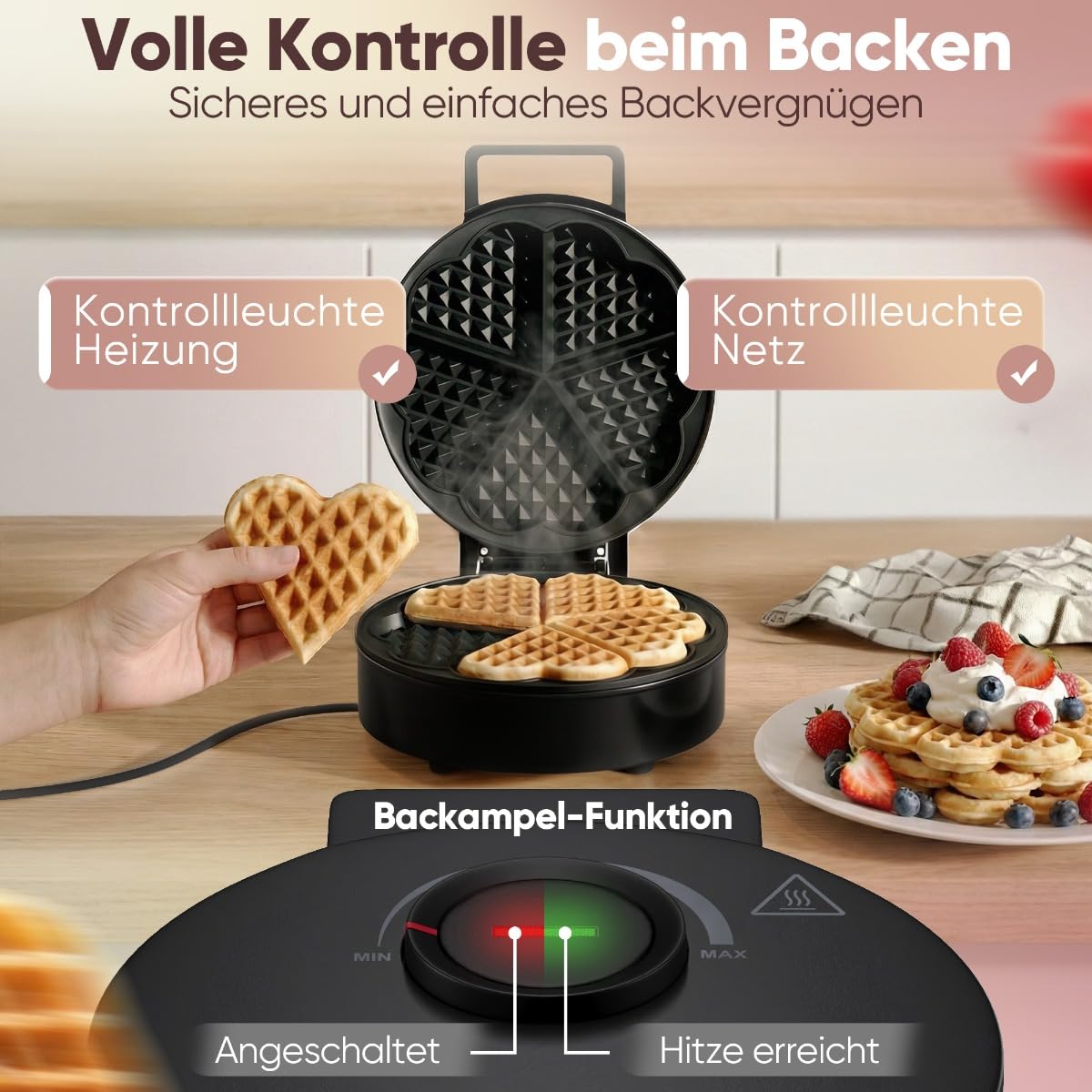 Clatronic WA 3832 gofrownica w kształcie serca | z powłoką zapobiegającą przywieraniu | bezstopniowy regulator do przyrumieniania według życzenia | waffle Maker | gofrownica w kształcie serca 1200 W |
