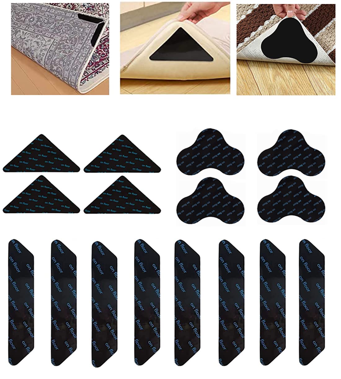 16 PCS Rug Gripper for Wooden Floors, Reusable Non Slip Rug Underlay Double Side Anti Curling Rug Grip for Hard Floors, Carpet Rug Stickers Anti Slip Rug Grip Tapes to Keep Rug in Places (Black)