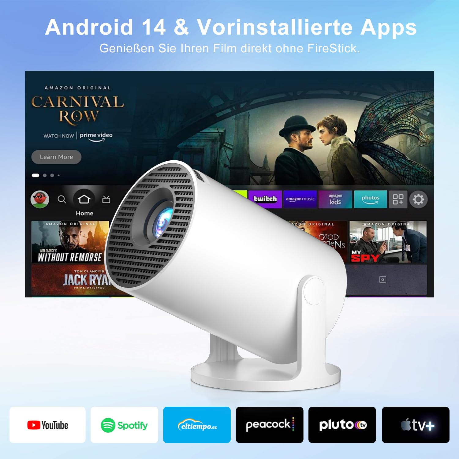 Salange Mini Beamer Unterstützt 4K, Android 14 mit Apps,Smart Projektor Tragbarer mit 5G WiFi 6 und Bluetooth 5.4,Klein Portable Beamer Auto Keystone 8000L 270°Dreh, Heimkino Outdoor,Weiß