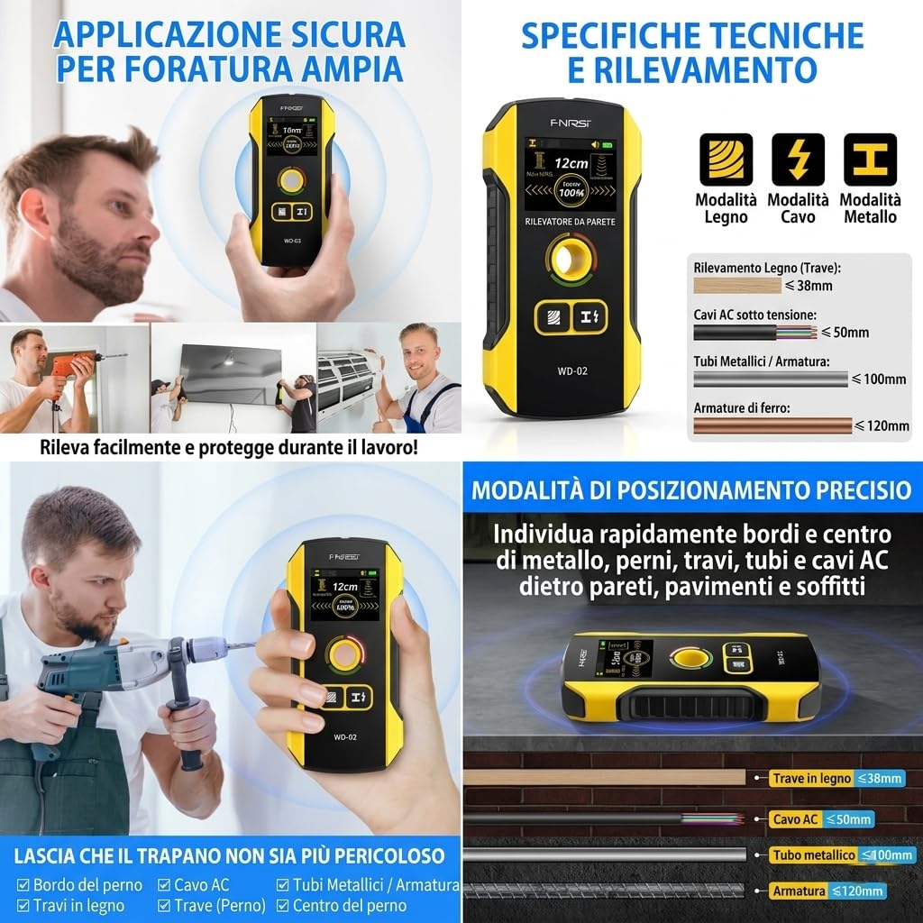 Rilevatore da Parete Professionale FNWD02 – istruzioni in Italiano - Scanner Muro per Cavi Elettrici, Tubi e Armature – Display TFT HD, USB-C, Precisione Millimetrica fino a 120 mm