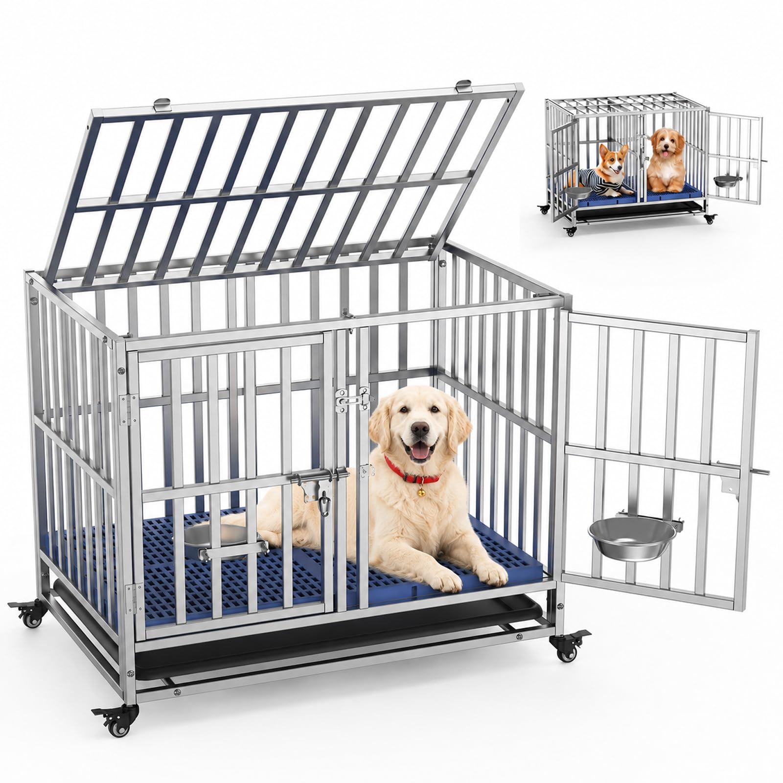 処分価格】犬ケージ ステンレス 折りたたみ キャスター 110×72×98cm