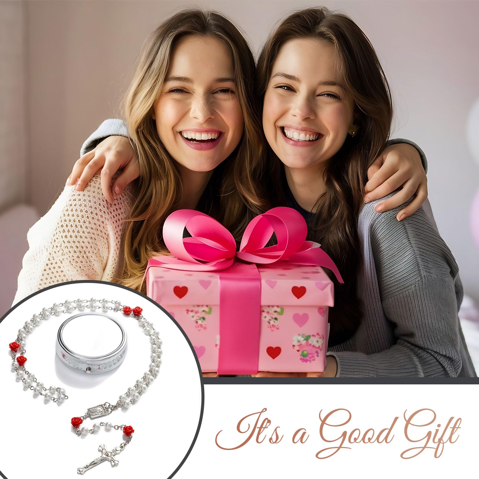 GlamRays Rosariene Pearls Catholic Confirmation Gifts for Teenage Girls Silver Simple Style Metal Gift Box White Imitation Pearl Rosary