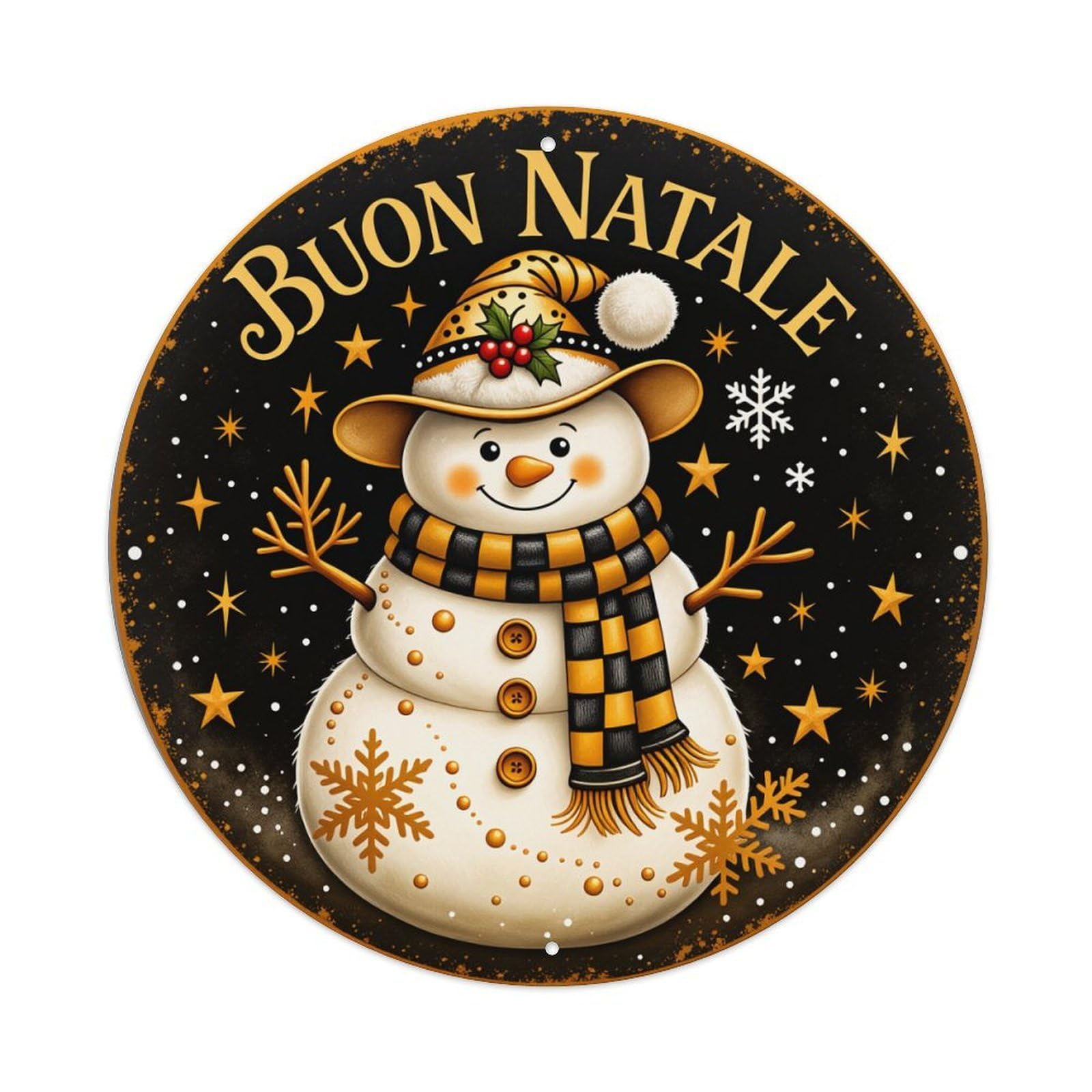 Snowman Hat Scarf Stars Snowflakes Round Tin Sign Vintage Metal Poster Retro Bar, Home, Man Cave, Kitchen, Laundry Room Wall Art Decor Gift 8x8In