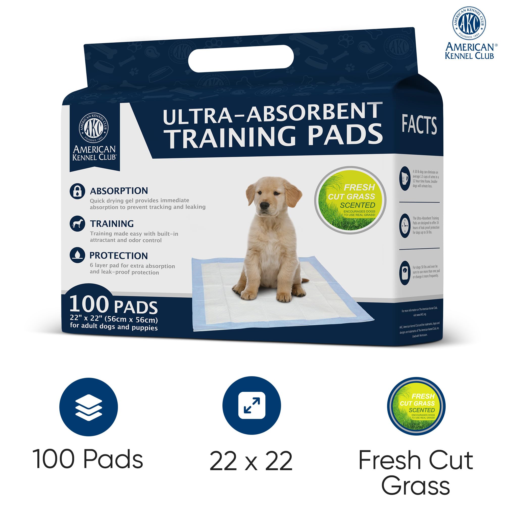 American Kennel Club Almohadillas de Entrenamiento perfumadas para Cachorros con Gel Ultra Absorbente de Secado rápido, 22 x 22 Pulgadas, Almohadillas para orina para Perros, Aroma a Hierba, 100