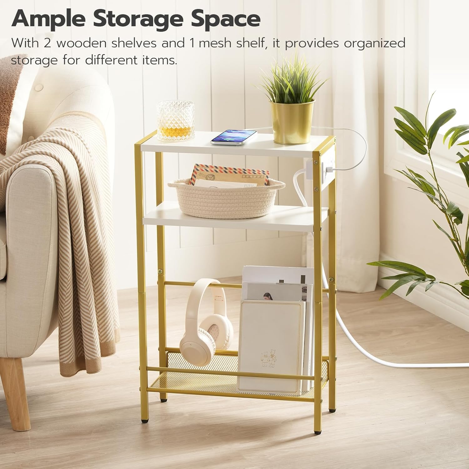HOOBRO Small Narrow Side Table with Charging Station, Skinny End Table for Small Spaces, Slim Nightstand with USB Ports Outlet, Sofa Beside Table with Storage Shelf, White and Gold DW102UBZ01