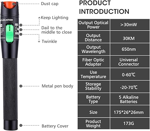 Miniatura 5 de Localizador visual de fallos probador de cable de fibra óptica de 30 mW y 30 KM equipo de cable de luz roja para conector universal de 0098in