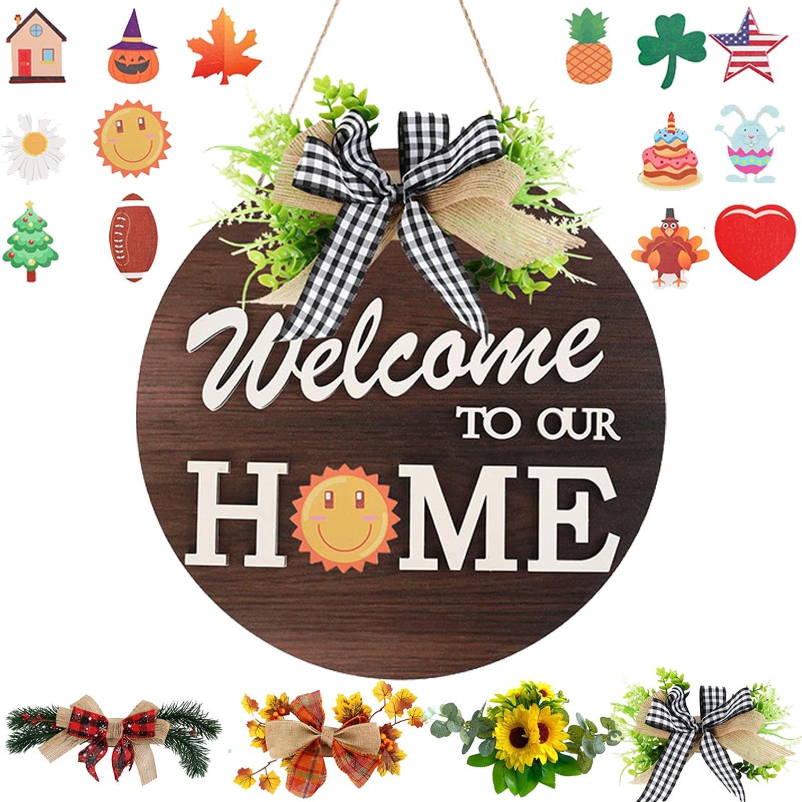 Cartel de bienvenida para la puerta de casa, cartel de bienvenida | Colgante para puerta de bienvenida a nuestro hogar | Decoración de pared moderna para puerta con símbolos intercambiables, ca