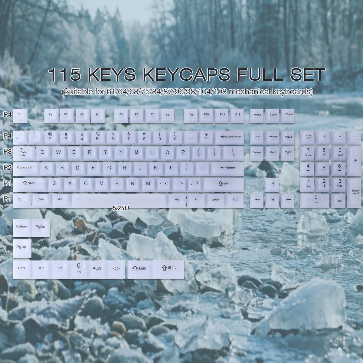 JakeTsai Crystal Jelly White Keycaps, 119 touches PC Keycaps Dye-Sub MDA Profile Translucent Custom Keycap for 61/68/84/87/98/100 Cherry Gateron MX Switches Mécaniques Keyboards