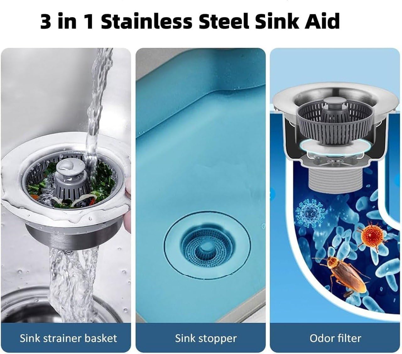 RIDHMIN 3 in 1 Kitchen Sink Drain Strainer - Stopper Set, Stainless Steel Kitchen Sink Stopper, Pop Up Anti-Clogging Sink Strainer Basket Filter Standard 3-1/2 inch Drain Sink 1