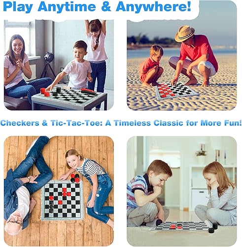 Miniatura 6 de Juego de damas gigantes  Tablero de juego de Tic Tac Toe 3 en 1 para adultos y niños con 24 piezas a cuadros alfombra reversible  Juegos para