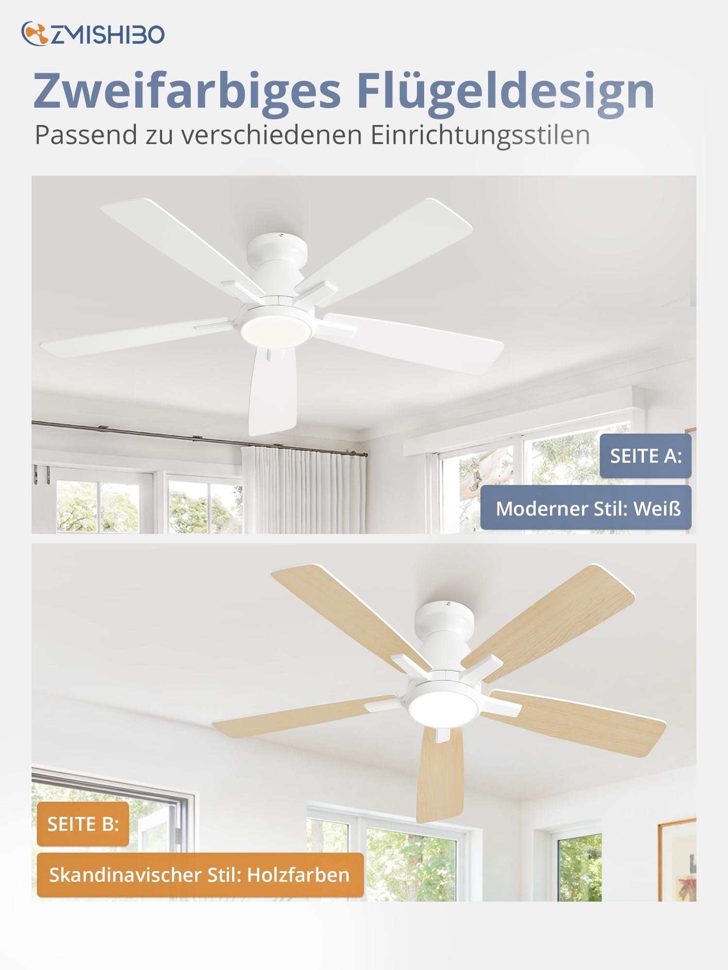 ZMISHIBO Deckenventilator mit Beleuchtung Ø117 cm,Leiser & Reversibler DC-Motor,Einstellbares LED 3000K-6000K,10-100% dimmbar,Ventilatorlampe mit Fernbedienung/App,6 Geschwindigkeiten für Schlafzimmer