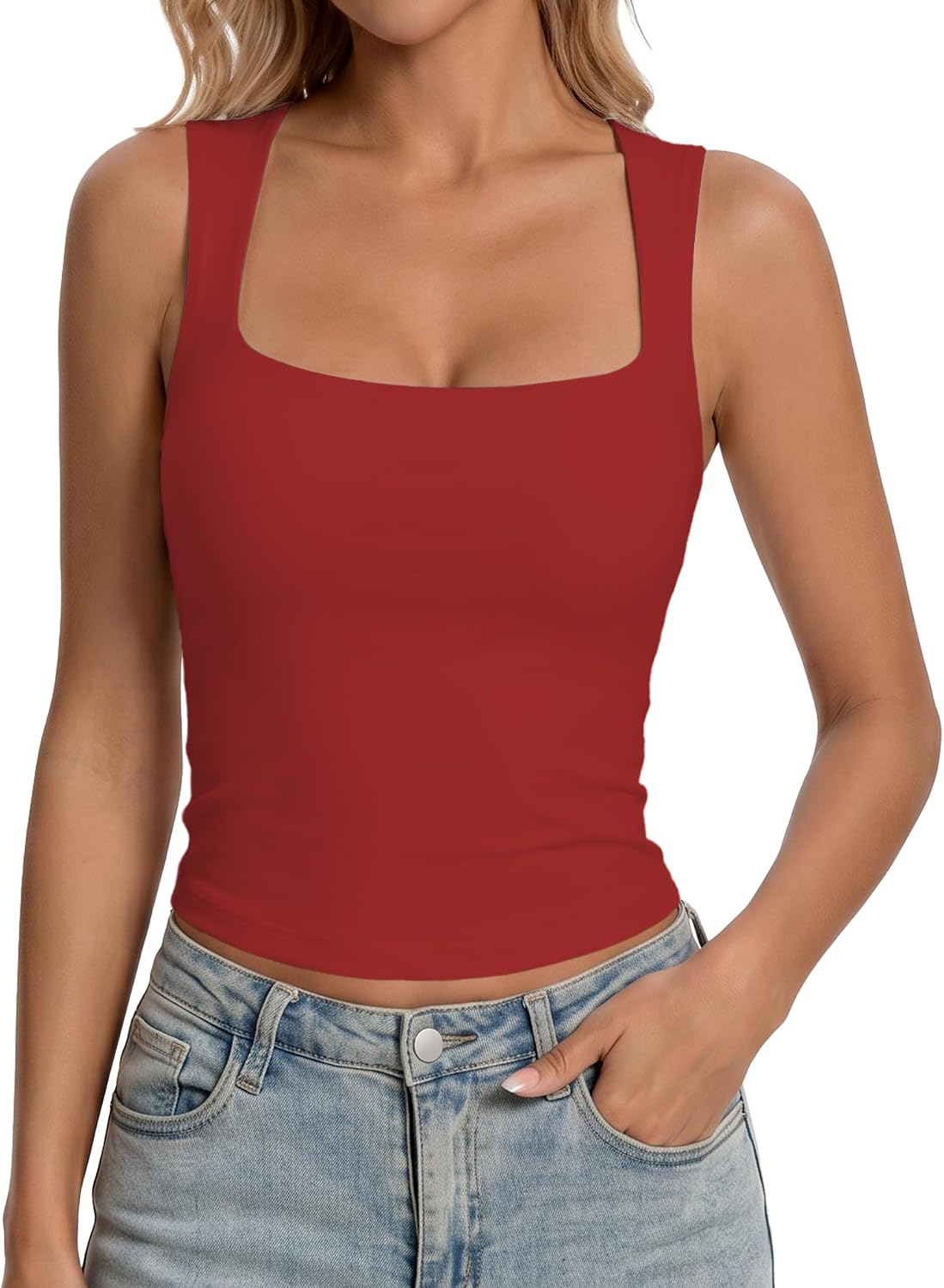 LanGui Womens Double Lined Sleeveless Tank Tops - Square Neck Crop Top Soft Basic Camisole Fitted Shirts for Summer Going Out ‌Bright Red X-Large