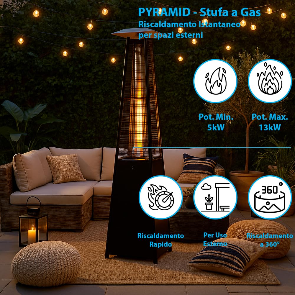 Stufa a Gas da Esterno Pyramid 13kW Riscaldatore a Fiamma Viva per Giardino Bar e Ristoranti