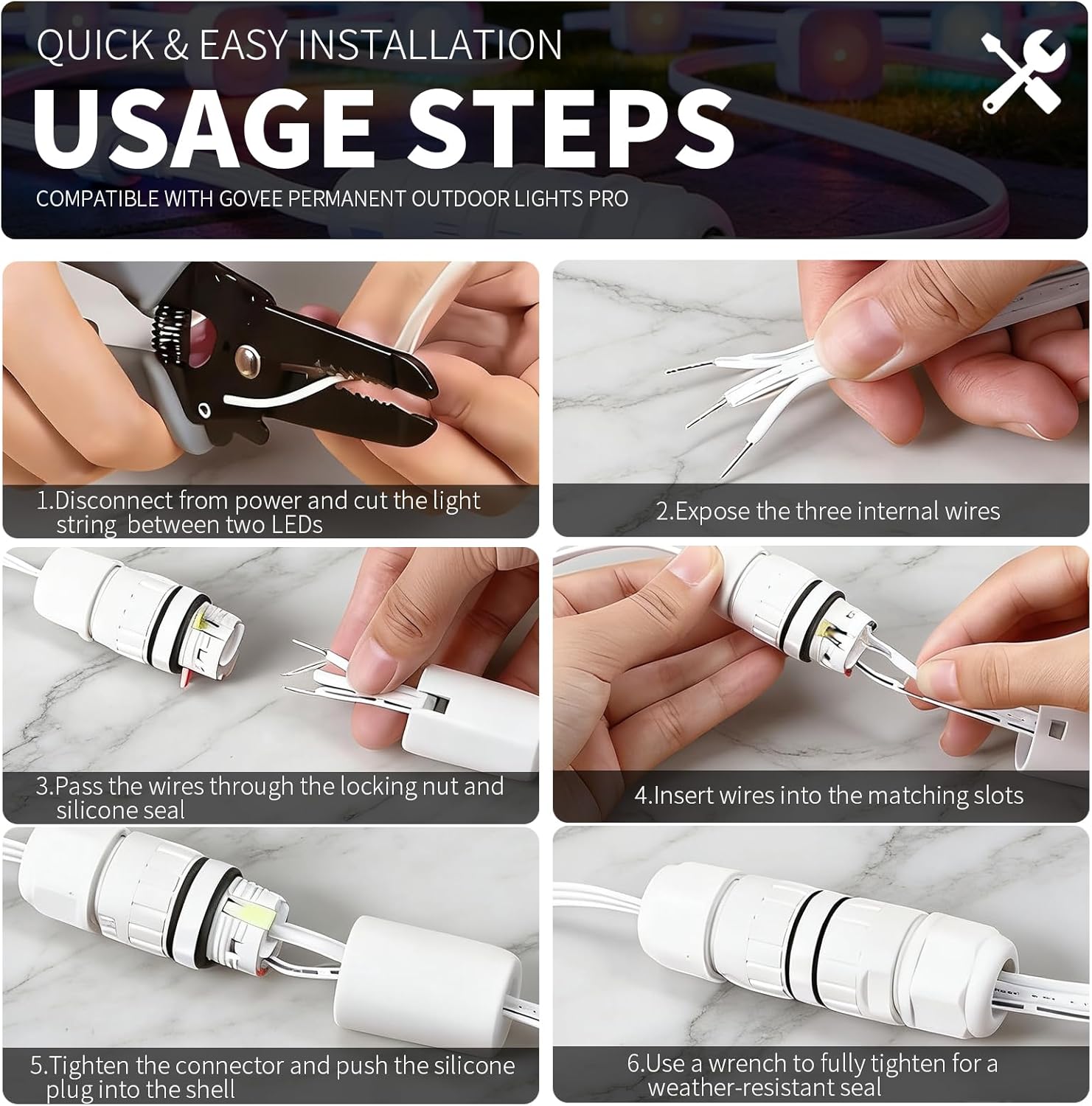 1 Pair Splice Kit Compatible with Govee Permanent Outdoor Lights Pro, Wire Connectors, for Connect, Repair and Extend String Lights, Weather-Resistant, with Male and Female Connectors