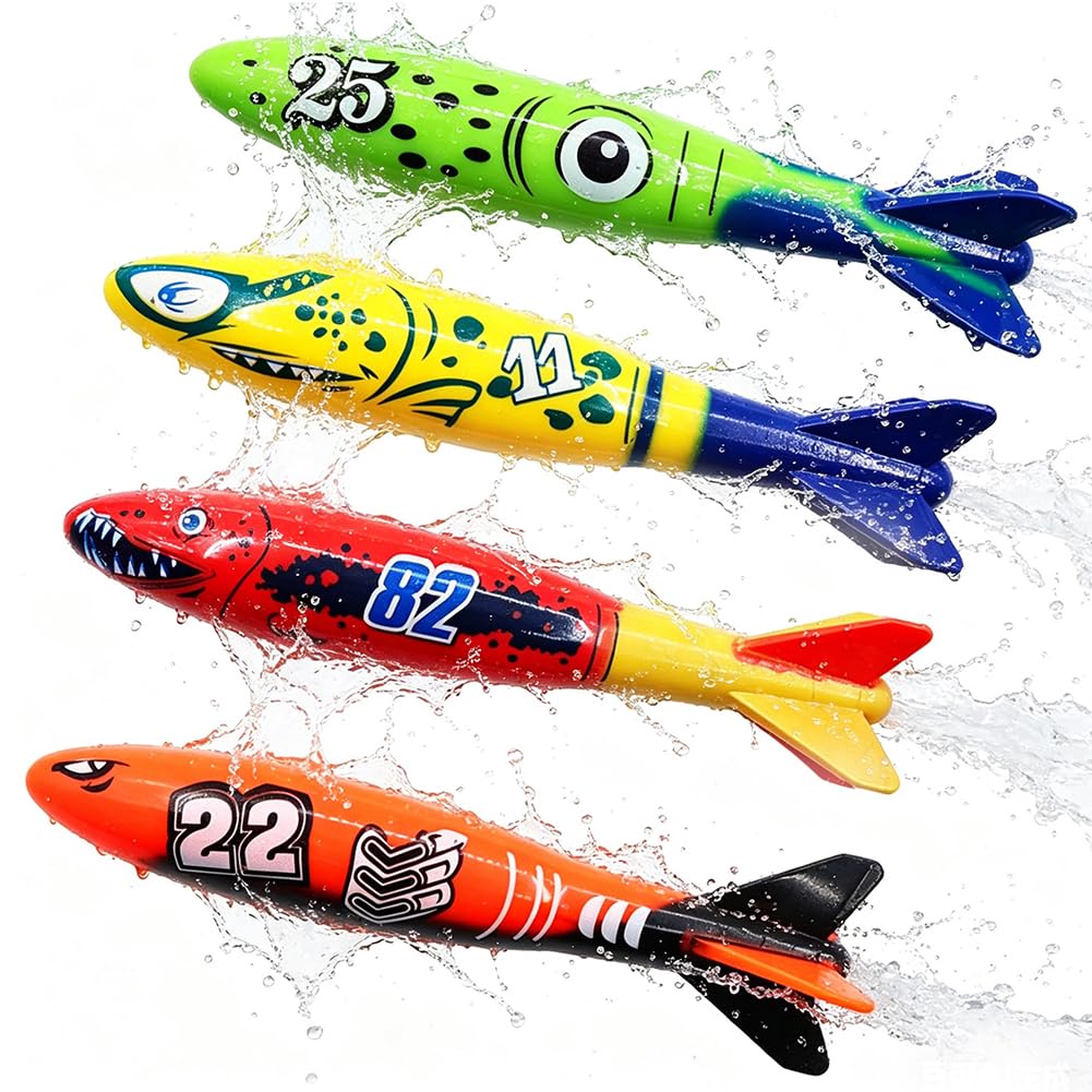 YRPACFB 4 Pcs Diving Pool Toys, Diving Torpedo, Torpedo Bandits for Kids, Dive Games Children's Gifts for Summer Swimming Pool Party Red