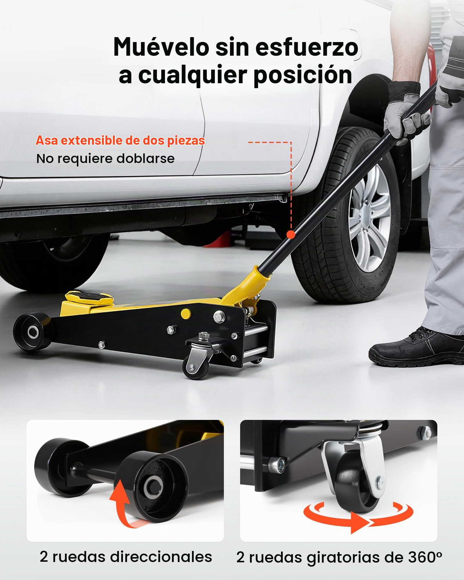 VEVOR Gato de Perfil Bajo Capacidad de 3 t, Gato Hidráulico con Bomba de Elevación Rápida de Pistón Único, Rango de Elevación 130 a 500 mm, Barra de Soporte, para Autos Deportivos, SUV, Camionetas