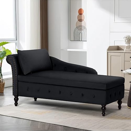 Upholstered Chaise Lounge with Left Armrest & Lumbar Pillow,Button Tufted Lounge Sofa with Storage,Lounge Chair Indoor,Modern Velvet Lounge Chair for Bedroom, Living Room and Office,Black