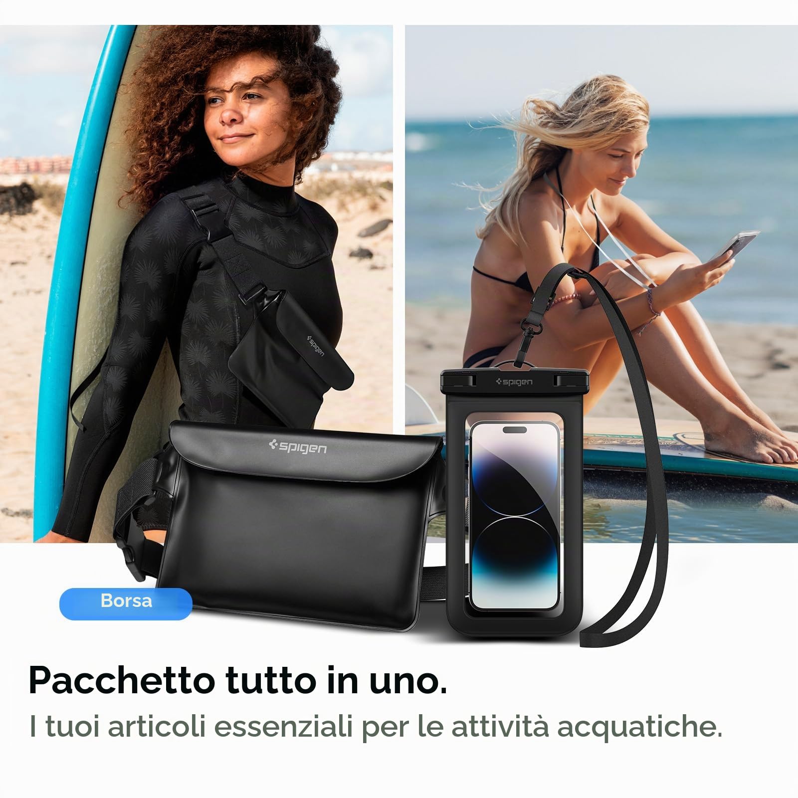 Spigen A621 Aqua Shield IPX8 Borsa impermeabile Marsupio e Custodia impermeabile galleggiante per Smartphone 2 pezzi - Nero