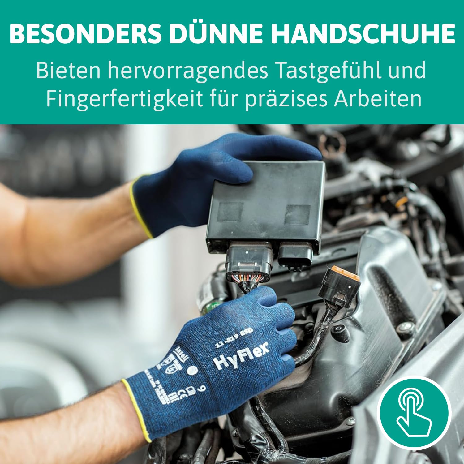 Ansell HyFlex 11-618 Mechaniker- Nylon Handschuhe, Abriebfeste Schutzhandschuhe mit PU-Beschichtung, Sicherheitshandschuhe für Präzisionsarbeiten, Touchscreen-Arbeitshandschuhe, 12 Paar, Gr. L