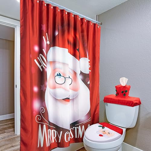 Miniatura 5 de Tatuo Juego de 4 piezas de cortinas de ducha de Papá Noel y funda de asiento de inodoro, adorno de Papá Noel en el inodoro para decoración del hogar